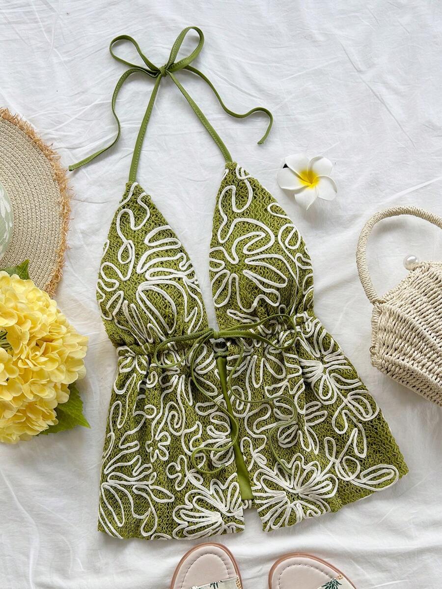 Soleia 女士刺绣露背系带露背上衣，适合节日、约会、下午茶、度假、音乐节、海滩、夏季、波西米亚风、度假、钩针编织、亚麻 - 綠色 - 查看 1