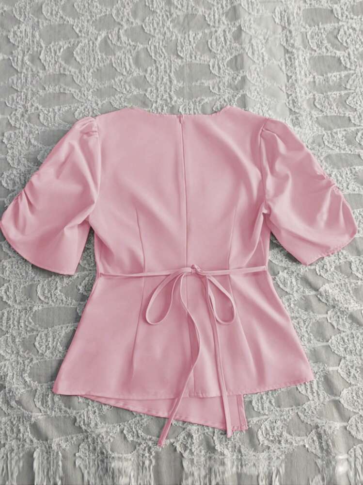 Franclia 不对称设计优雅女士圆领衬衫 - 淺粉色 - 查看 2