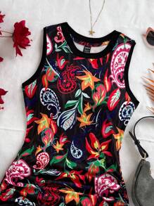 Soleia 女士夏季度假橙色撞色艺术涂鸦佩斯利印花针织褶皱下摆抽绳迷你连衣裙，适合音乐节、复活节、狂欢节、海滩、游轮、下午茶 - 彩色 - 查看 7