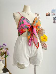 Soleia Plus Plants Print Tie Front Cami Top Spring Break Floral Top - Multicolor - View 5