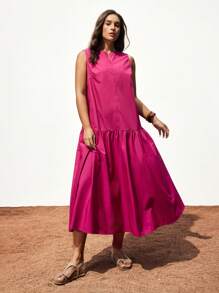 Maija Đầm cổ tròn không tay cỡ lớn cho nữ, Đầm dài màu trơn tối giản cho thường ngày xuân/hè, thiết kế mới 2026 - Màu Hồng Tươi - Xem 3