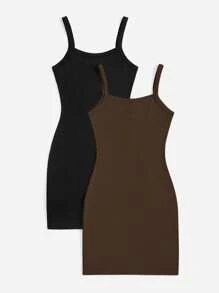 SHEIN Privé 2pcs/Set Gaun Musim Panas Wanita Warna Polos Kasual Body-Con dengan Tali Bahu Tipis dan Bahu Terbuka, Cocok untuk Bepergian, Aktivitas Luar Ruangan, dan Berbelanja - MultiWarna - View 3