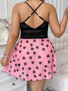 SHEIN Camisón de talla grande con encaje, escote trasero y estampado de corazón en tela de malla sexy