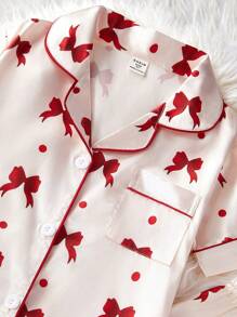 Genkimix Kids 2pcs Girls Allover Print Bowknot & Ribbon Pattern Polo Collar Cardigan Short Sleeve Top And Casual Long Pants Pajama Set - Apricot - View 4