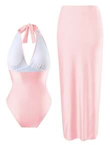 Swim Oasis 女士优雅浅蓝色亮面海星装饰连体泳衣，夏季沙滩裙 - 粉色 - 查看 2