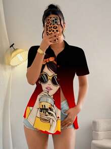 Elenzga Ombre Portrait Print Front Button Summer Short Sleeve Shirt - Multicolor - View 5