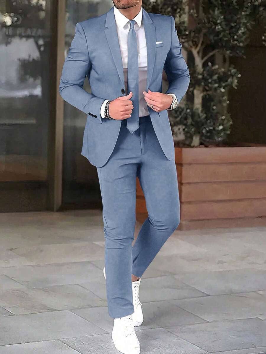 Manfinity Mode Men's Solid Color Single-Breasted Long Sleeve Suit Jacket & Pants 2-Piece Set