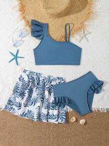3pcs Grey Set For Tween Girls: Grey/Blue Solid Bikini + Tropical Print Coverup & Skirt Tween Girl Summer Clothes Tween Summer Cloths Tween Girls Set Toddler Girl Bathing Suits Tween Clothes Girls Summer