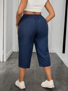 SHEIN PETITE CURVE Plus Drawstring Waist Capris Pants For Summer Vacation,Summer Pants Teacher,Pocket, Spring, Graduation Ceremony, Casual, Blue - Navy Blue - View 2
