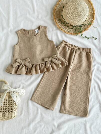 Vintaside Kids 2pcs/Set Baby Girl Casual Cute Bow Decor Sleeveless Top And Pants Set