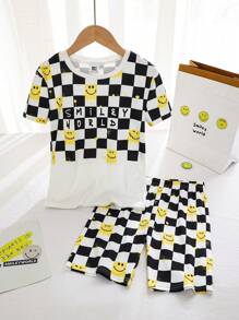 SmileyWorld® | SHEIN Tween Boy Cool Smiling Face Black & White Plaid Short Sleeve T-Shirt & Shorts Pajamas Set