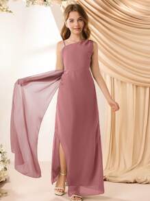 Elegant Flower Girl Long Chiffon Spaghetti Strap Ruffle Slit Dress For Wedding, Prom, Birthday, Party Fall Winter - Pink - View 5