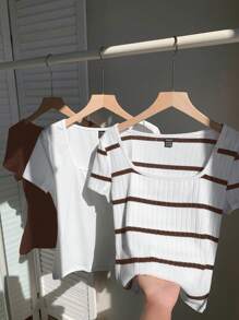 Comfortcana 3 piezas de camisetas básicas de cuello redondo de manga corta y cortas en marrón café y blanco para mujer