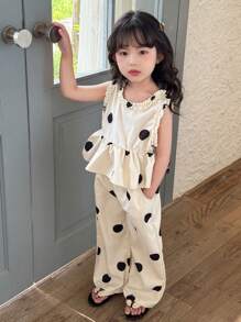 Genkimix Kids 2pcs/Set Toddler Girls Casual Polka Dot Outfit, Includes Cinched Waist Vest Top And Loose Wide Leg Pants, Fashionable Summer
