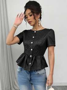 Breezaya Women's Leopard Jacquard Round Neck Puff Sleeve Ruffled Hem Elegant Blouse - Black - View 4