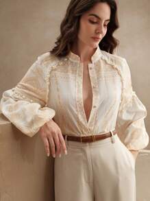 Anewsta French Vintage Royal Style Printed Stand Collar Long Sleeve Women Shirt - Yellow - View 6