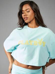 Missguided x Playboy Áo thun cotton tay ngắn mặc dạo phố thể thao giản dị thể thao tập luyện cơ bản thời trang thể thao áo thun lửng siêu mềm mùa hè - Màu xanh nhạt - Xem 5