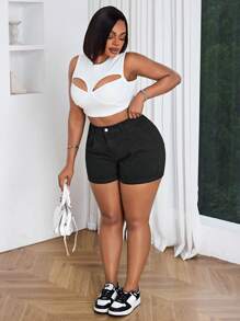 Slaydiva Plus Size Casual Washed High Waist Denim Shorts - Black - View 5