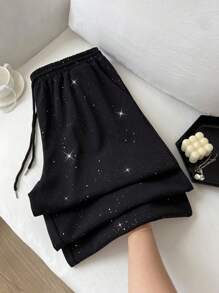 Vibekara 大码女式束腰银色亮片装饰休闲裤，春夏 - 黑色 - 查看 1