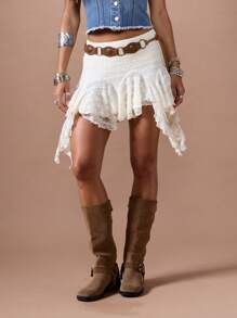 MISSGUIDED 波西米亚手工蕾丝迷你裙节日不对称荷叶边分层西式夏季裙子配装饰腰带 - 杏色 - 查看 3