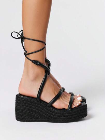 Goth Damen Mode Punk Plateau Schwarze Sandalen, Römischer Riemen Schnürsandalen Wasserfest Keilabsatz Superdicker Sohle Ultra High Heels Offene Zehen