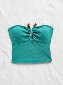Soleia Women's Teal Blue Summer Casual Vacation Holiday Knitted Textured Strapless Asymmetrical U-Shaped Button Gathered Cropped Top,Fitted Party - Pink - View 5
