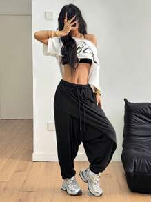 Coolane 女士和男士夏季街头休闲运动嘻哈复古舒适多褶裆裤 - 黑色 - 查看 4