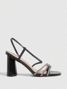 CUCCOO SZL Sandalias de tacón alto sexy para mujer con decoración de rhinestones y tacón grueso cuadrado 2025 - Negro - Ver 2