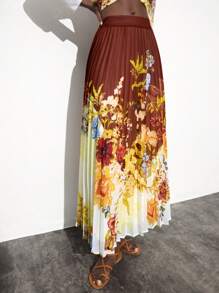 Maija 女士花卉印花百褶长款休闲裙，适合度假装，女士沙滩装，女士度假装，波西米亚风服装，女士度假装，女士波西米亚风裙子，波西米亚风女装，波西米亚风女装 - 卡其色 - 查看 5