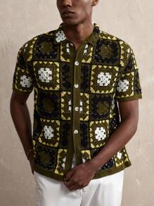 Manfinity Homme 男士几何图案短袖单排扣休闲针织上衣 - 棕色 - 查看 6