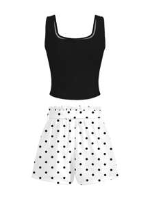 Glamance Anis Illustration 2pcs/Set Women Holiday Style Sleeveless Top And Polka Dot Print Shorts, Summer