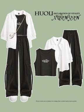 SHEIN MOOSTA 3Pcs Plus Size Set: Casual Shirt + Graphic Tank Top + Drawstring Cargo Pants