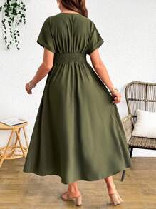 Cheriluna Maternity Maternity V-Neck Twist Wrap Short Sleeve Solid Color Dress - Army Green - View 2