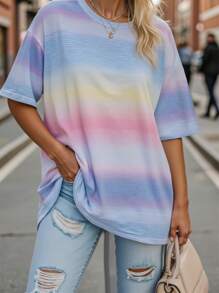 INAWLY Women's Plus Size Macaron Striped Digital Print Short Sleeve T-Shirt, Summer