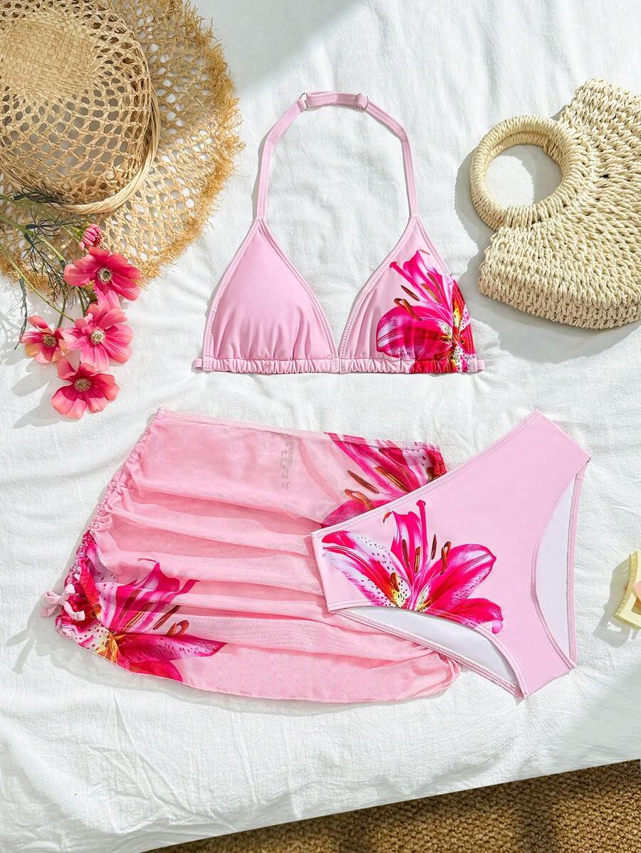 SHEIN 少女三件套花卉印花三角比基尼泳装，带露背领口设计和沙滩裙罩衫，适合度假、复古、海滩、海洋、优雅、可爱 - 彩色 - 查看 1