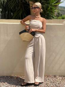 DAZY 女士纹理纯色抹胸和裤子两件套，春夏 - 卡其色 - 查看 1