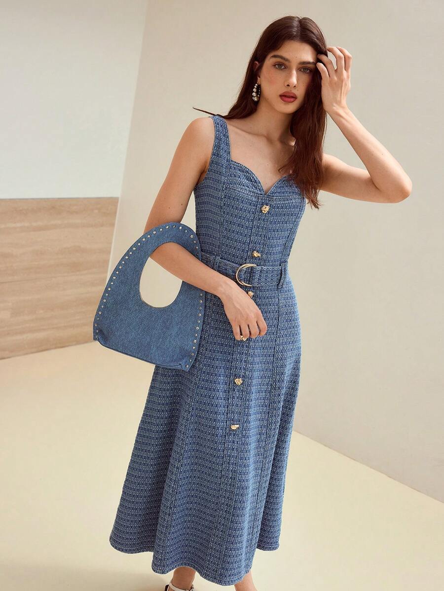 MOTF STUDIO 系腰带拉链牛仔连衣裙