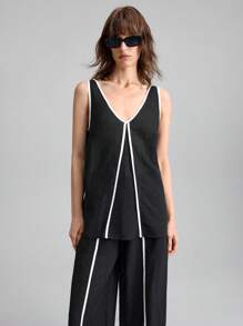 Ontre 2025 New Urban Style Black Linen-Like Material Contrast Trim 2 Pieces Set Women's Elastic Waist Pants Suit, Versatile For Music Festival, Concert, Country Music Festival, Casual, Beach, Boho Vacation, High-Quality Comfortable Fabric