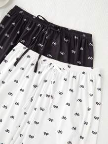 SHEIN 2件套蝴蝶结印花女士休闲睡衣裤套装，秋冬服装 - 黑與白 - 查看 5