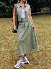 Livesso 2pcs Women Solid Fitted Sleeveless Jacket Vest & Skirt Denim Set,Fall Clothes - Army Green - View 4