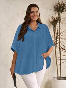 EMERY ROSE Plus Size Casual Solid Color Batwing Sleeve Shirt - Baby Blue - View 4