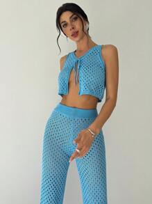 Firerie Ensemble deux pièces femme avec Top ajouré sexy et pantalon large taille haute en tricot - Bleu azur - Voir 5