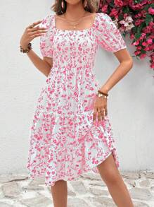 Breezaya 女士度假植物印花泡泡袖中长连衣裙 - 玫紅色 - 查看 5