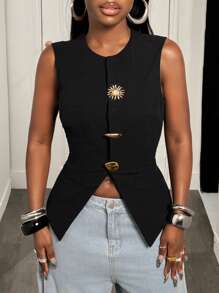 BamGleam Women Sleeveless Cotton Linen Vest Blazer - Black - View 6