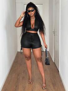 Maweii Plus Size Women's Solid Color Waist Tie Up Shorts