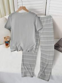 SHEIN 2pcs/Set Girls Cute Bunny Graphic Tee & Plaid Loose Knit Pants Casual Pajamas Set, Comfortable And Fashionable Homewear - Grey - View 2
