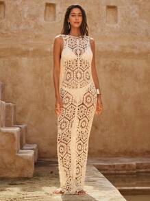 Swim Chiccia Women's Solid Color Hollow Out Backless Sleeveless Crochet Maxi Dress Swimwear Cover Up, Summer