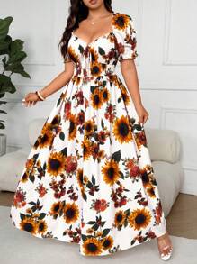 Flirla Plus Size Women Elegant Off Shoulder Short Sleeve Sunflower Print Dress, Vacation Wear - Apricot - View 5
