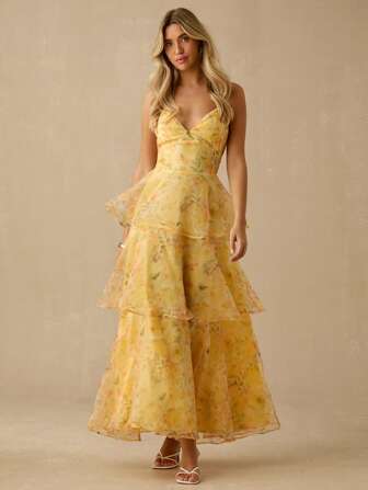 Enchnt Spring/Summer Romantic Women's Sunshine Yellow Floral Print Spaghetti Strap Ruffled Hem Backless Organza Princess Maxi Dress,Sweet&Elegant For Vacation&Date&Holiday&Party&Graduation&Wedding Guest&Beach,Prom Dress,Summer Dresses For Women,Sun Dresses For Women,Summer Clothes, ,Elegant Dresses For Party,Bohemian Clothes
