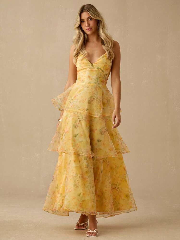 Enchnt Vestido maxi de princesa de organza con estampado floral amarillo sol romántico para mujer, con tirantes de espagueti, volantes en el bajo y espalda descubierta, dulce y elegante para vacaciones, citas, fiestas, graduación, invitada de boda y playa, vestido de fiesta, vestidos de verano para mujer, vestidos de sol para mujer, ropa de verano, vestidos elegantes para fiestas, ropa bohemia - Amarillo - Añade 1